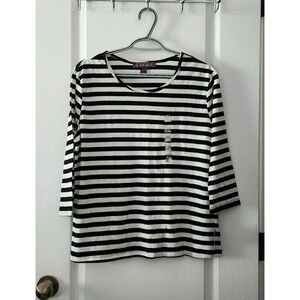 Gloria Vanderbilt Women's Striped Top 3/4 Sleeve Round‎ Neck Cotton Size PL